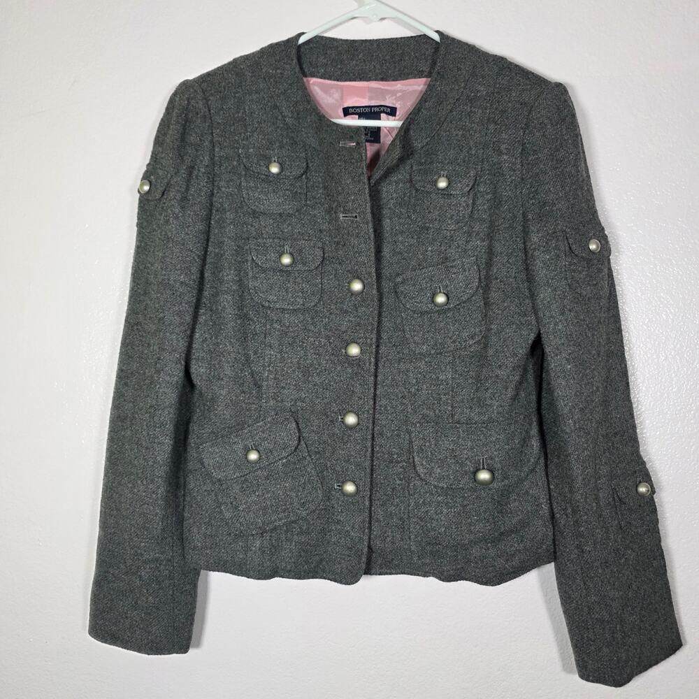 Boston Proper Military Jacket Gray Wool Blend Lined Pearl Buttons Womens 8